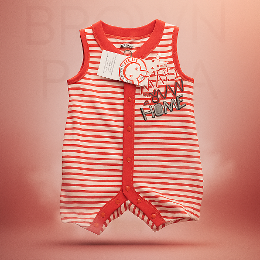 Red Striped Sleeveless Baby Romper Organic Cotton Art Number CM0034