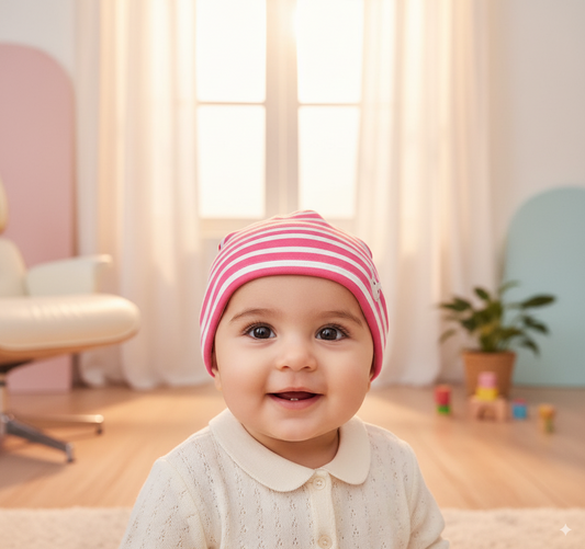 PINK/WHITE STRAPS FULL EAR BABY CAP CM0143