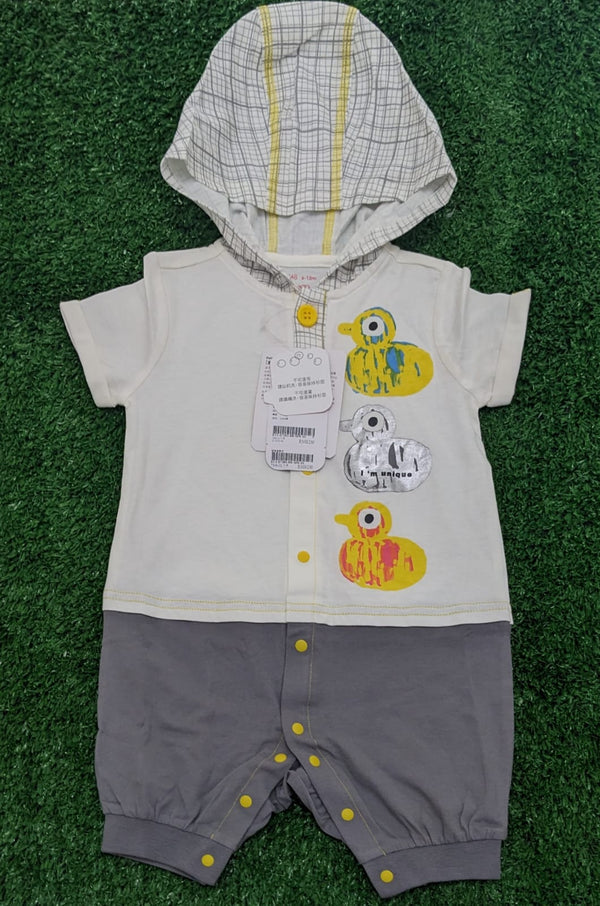 White & Grey Duck Print Baby Romper Half Sleeves with Hoodie Organic Cotton Art No. CM0040