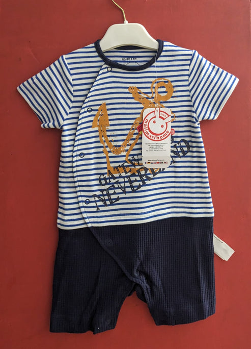 Blue Striped Baby Romper with Blue Collar Half Sleeves Organic Cotton Art No. CM0038