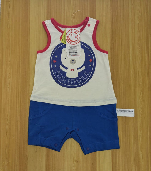 White & Blue Sleeveless Baby Romper Organic Cotton Art No. CM0044
