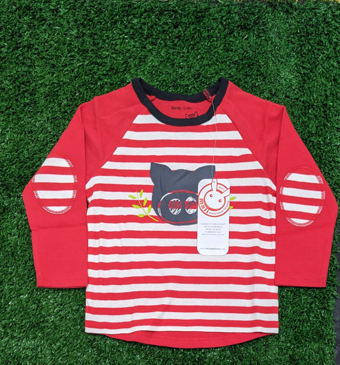 Red Striped Full-Sleeve Baby Shirt with Bear Patch Organic Cotton Art No. CM0045