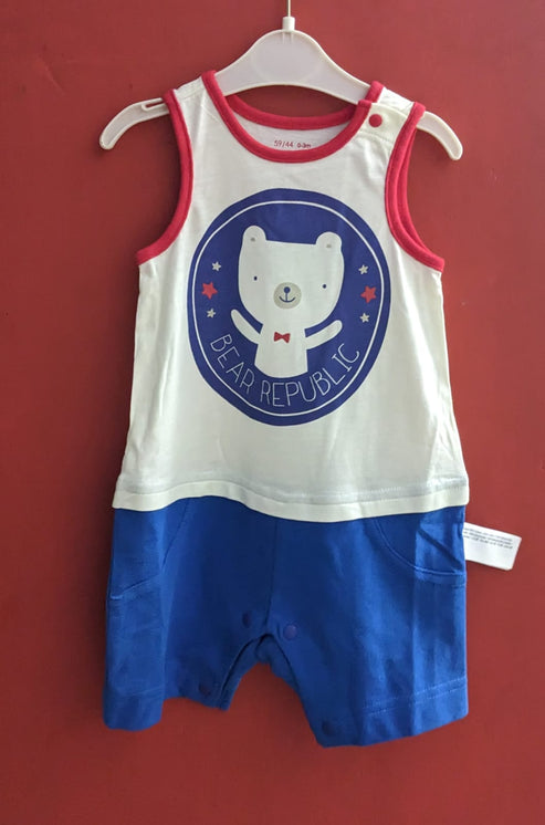 White & Blue Sleeveless Baby Romper Organic Cotton Art No. CM0044