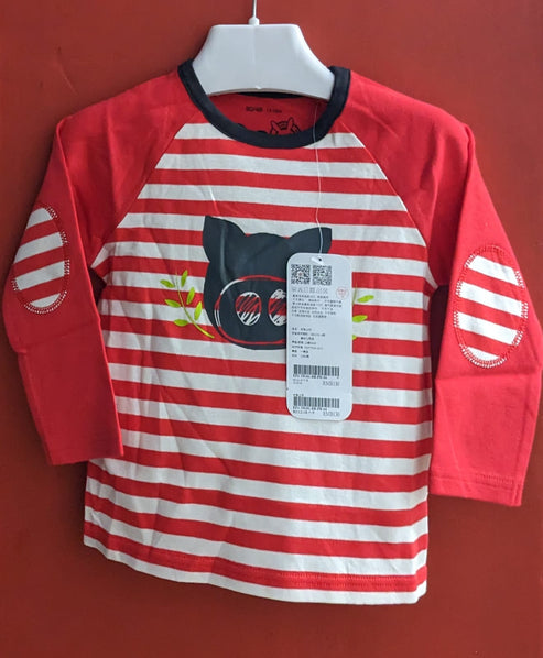 Red Striped Full-Sleeve Baby Shirt with Bear Patch Organic Cotton Art No. CM0045