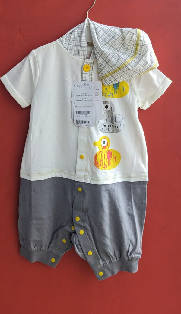 White & Grey Duck Print Baby Romper Half Sleeves with Hoodie Organic Cotton Art No. CM0040