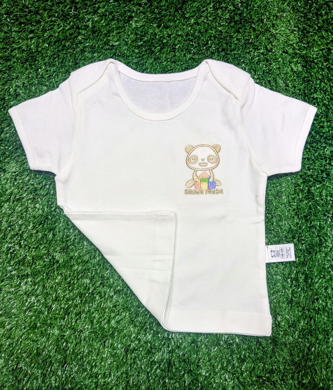 Classic White Half-Sleeve Baby Shirt – Organic Cotton Orignal brand korea made Brown panda Art number CM0002