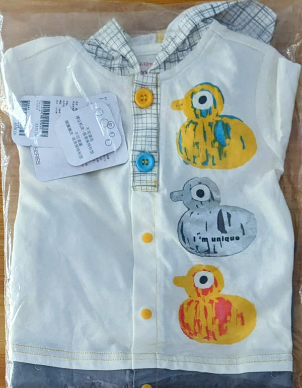 White & Grey Duck Print Baby Romper Half Sleeves with Hoodie Organic Cotton Art No. CM0040