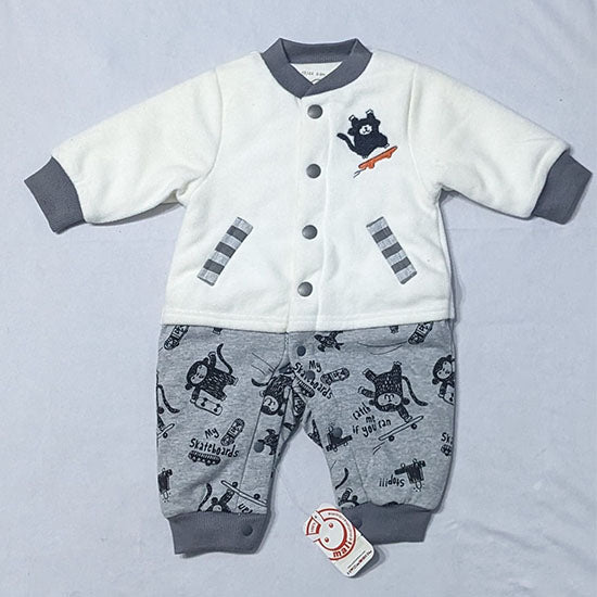DOUBLE COTTON WHITE/GREY FULL SLEEVES FULL BODY BABY ROMPER CM0127