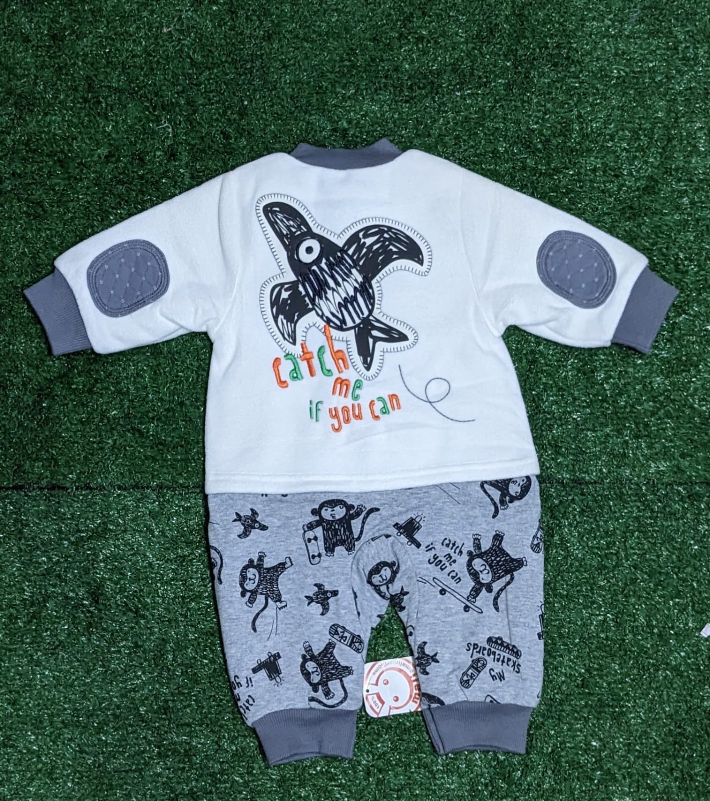 DOUBLE COTTON WHITE/GREY FULL SLEEVES FULL BODY BABY ROMPER CM0127