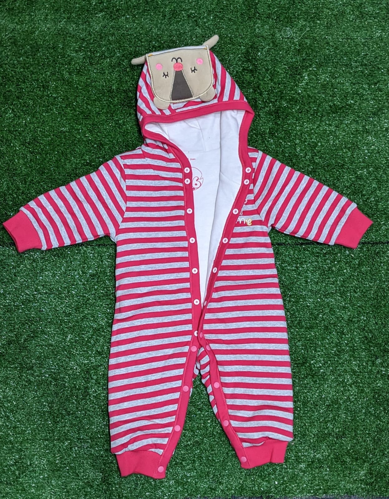 DOUBLE COTTON WITH POLYESTER FILLING FULL SLEEVES GREY/PINK LINING ROMPER WITH HOODIE CM0179