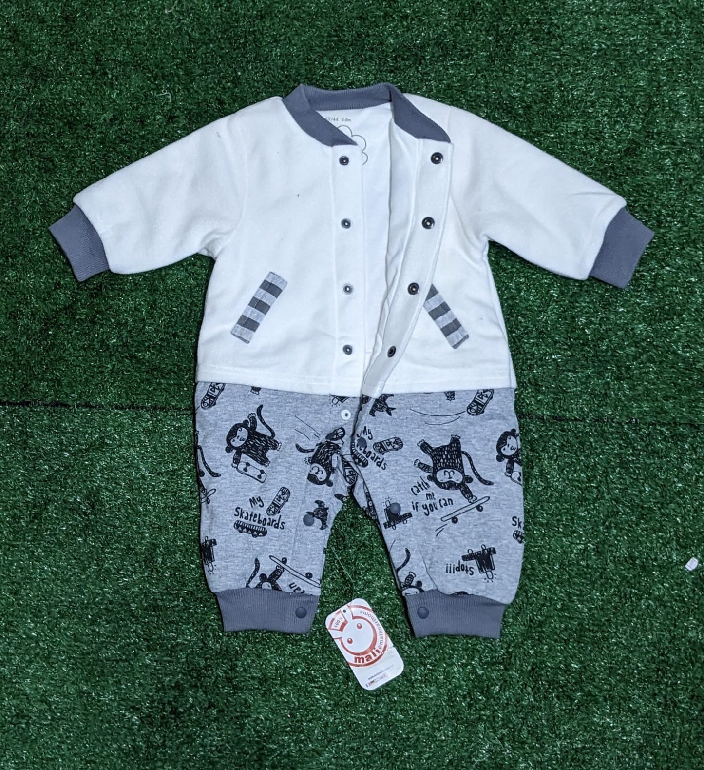 DOUBLE COTTON WHITE/GREY FULL SLEEVES FULL BODY BABY ROMPER CM0127