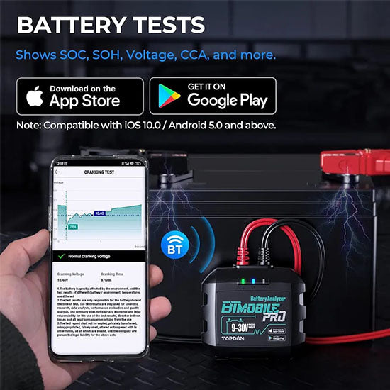 Car Battery Tester 12v, TOPDON Wireless Battery Load Tester 100-2000 CCA, BTMobile PRO Battery Monitor Cranking & Charging Tester Automotive Battery Analyzer