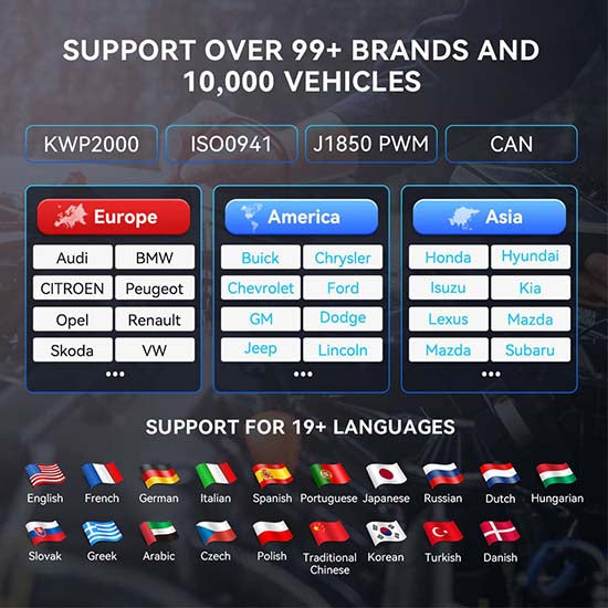 MUCAR CS90 is a 5-inch touchscreen OBD2 automotive scanner designed for DIY mechanics and technicians