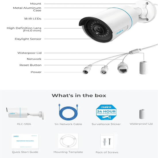 REOLINK RLC 510-A PoE Outdoor Home Security Cameras, 5MP Surveillance IP Cameras, Smart Human/Vehicle Detection WITHOUT BOX