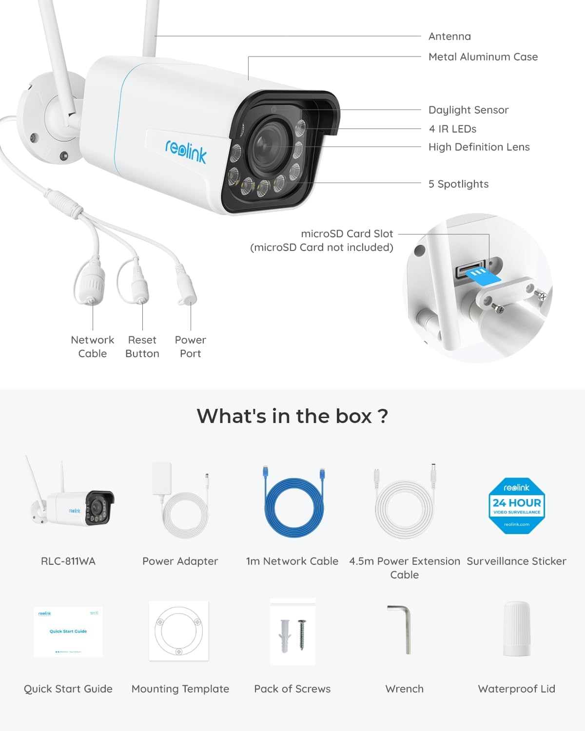 RLC-811WA BY Reolink 4K Security Camera Outdoor Wi-Fi 6, 5X Optical Zoom, 8MP Color Night Vision, Human/Vehicle/Animal Detection, 2.4/5 GHz WiFi, 2-Way Audio, IP67 Waterproof, Remote Viewing H.265, (Without box)