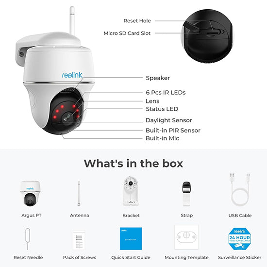 Reolink argus pt 1080p with 2 way audio with box and accessories COLOUR FADE