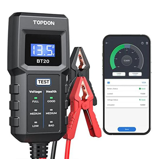 TOPDON BT20 Car Battery Tester, 12V Lead Acid Battery Charge Tester, Voltage Tester, Start, Charge, Real-time Voltage Monitoring, Test Report, Multiple