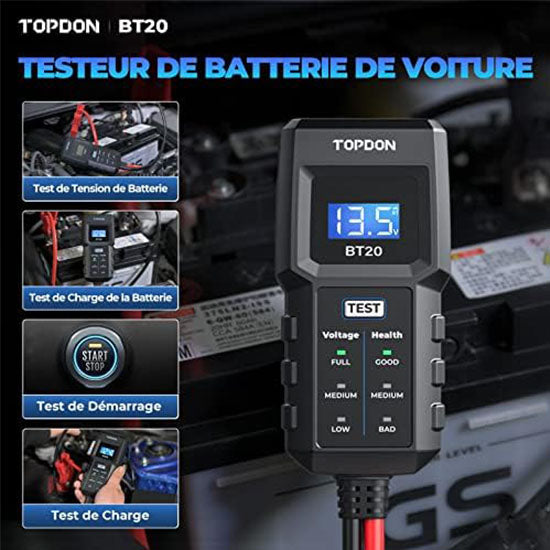 TOPDON BT20 Car Battery Tester, 12V Lead Acid Battery Charge Tester, Voltage Tester, Start, Charge, Real-time Voltage Monitoring, Test Report, Multiple