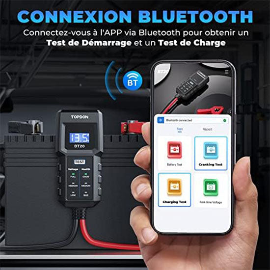 TOPDON BT20 Car Battery Tester, 12V Lead Acid Battery Charge Tester, Voltage Tester, Start, Charge, Real-time Voltage Monitoring, Test Report, Multiple
