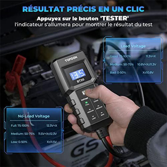 TOPDON BT20 Car Battery Tester, 12V Lead Acid Battery Charge Tester, Voltage Tester, Start, Charge, Real-time Voltage Monitoring, Test Report, Multiple