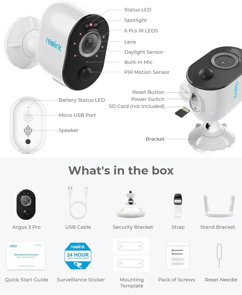 Reolink argus 3 pro 4mp camera with colour night vision 2way audio bettery powered rechargeable with box and accessories with( solar panel )