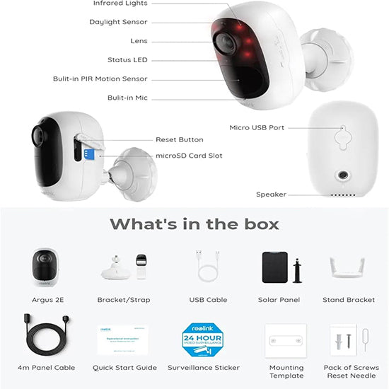 Reolink argus 2e with solar panel with box and accessories 1920*1080 2mp camera with IR night vision 2-way talk waterproof motion detection
