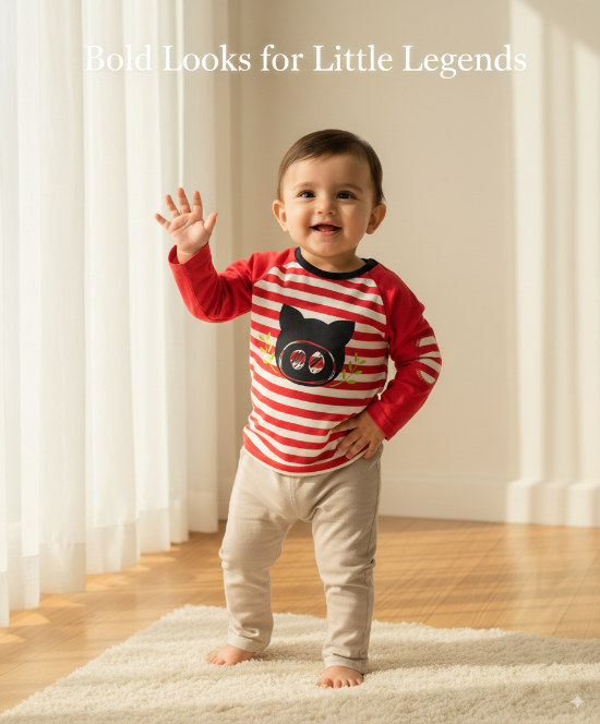 Red Striped Full-Sleeve Baby Shirt with Bear Patch Organic Cotton Art No. CM0045