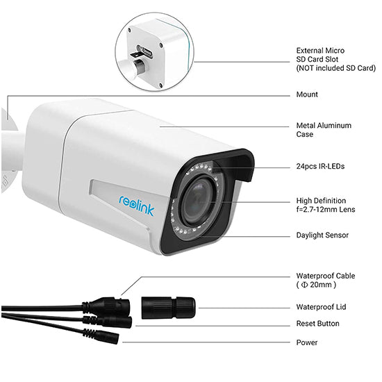 Reolink rlc 511a 5mp outdoor wired camera with 4× optical zoom ir night vision with box and accessories