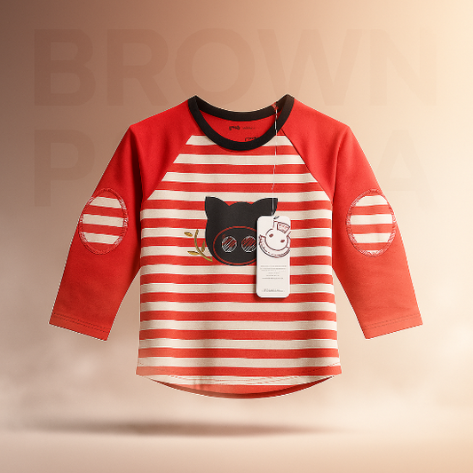 Red Striped Full-Sleeve Baby Shirt with Bear Patch Organic Cotton Art No. CM0045