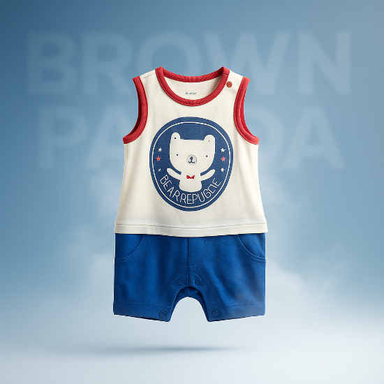 White & Blue Sleeveless Baby Romper Organic Cotton Art No. CM0044