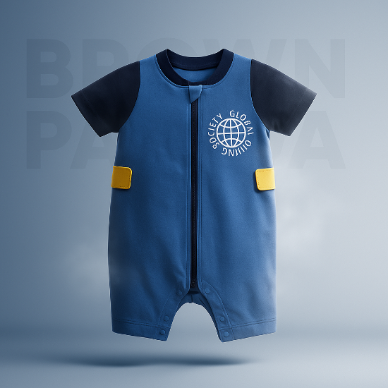 Blue Half-Sleeve Zipper Romper  Organic Cotton Art Number CM0025
