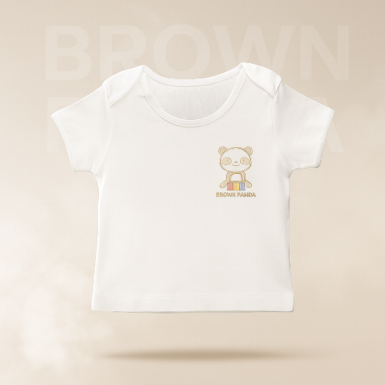 Classic White Half-Sleeve Baby Shirt – Organic Cotton Orignal brand korea made Brown panda Art number CM0002