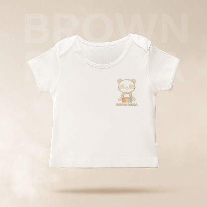 Classic White Half-Sleeve Baby Shirt – Organic Cotton Orignal brand korea made Brown panda Art number CM0002