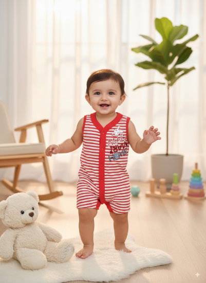 Red Striped Sleeveless Baby Romper Organic Cotton Art Number CM0034