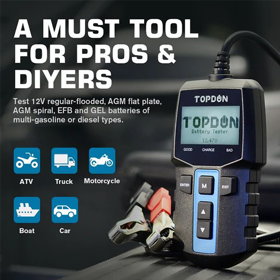 TOPDON BT100 12V Car Battery Tester Digital Automotive Diagnostic Battery Tester Analyzer Vehicle Cranking Charging Scanner Tool