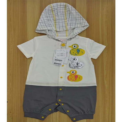 White & Grey Duck Print Baby Romper Half Sleeves with Hoodie Organic Cotton Art No. CM0040