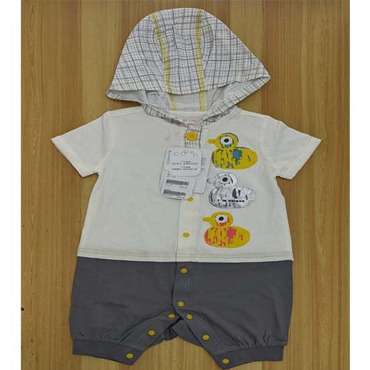 White & Grey Duck Print Baby Romper Half Sleeves with Hoodie Organic Cotton Art No. CM0040