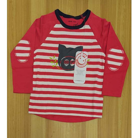 Red Striped Full-Sleeve Baby Shirt with Bear Patch Organic Cotton Art No. CM0045