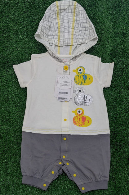 White & Grey Duck Print Baby Romper Half Sleeves with Hoodie Organic Cotton Art No. CM0040