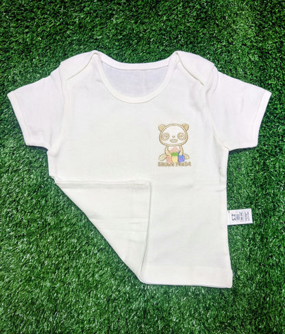 Classic White Half-Sleeve Baby Shirt – Organic Cotton Orignal brand korea made Brown panda Art number CM0002