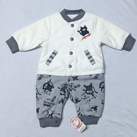 DOUBLE COTTON WHITE/GREY FULL SLEEVES FULL BODY BABY ROMPER CM0127