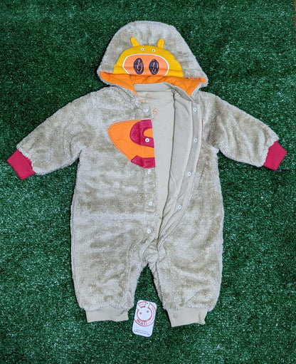 DOUBLE COTTON WITH POLYESTER FILLING OUTTER FURR BABY ROMPER WITH HOODIE CM0178
