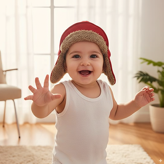 DOUBLE COTTON INNER FUR RED/BROWN BABY EAR CAP CM0147
