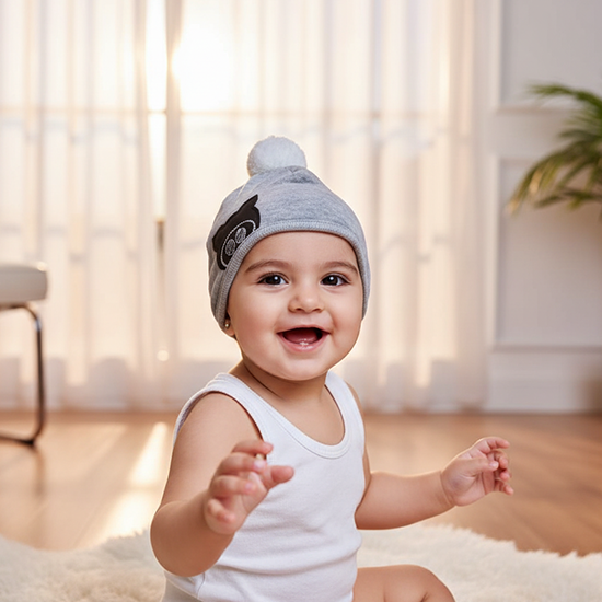 DOUBLE COTTON WITH POLYESTER FILLING BABY CAP GRAY/WHITE COLOR CM0150