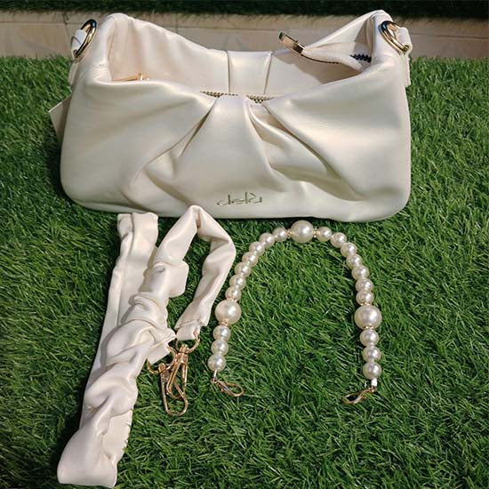 Dela ladies hand bag 3 colour scheme bright white bright pink Golden