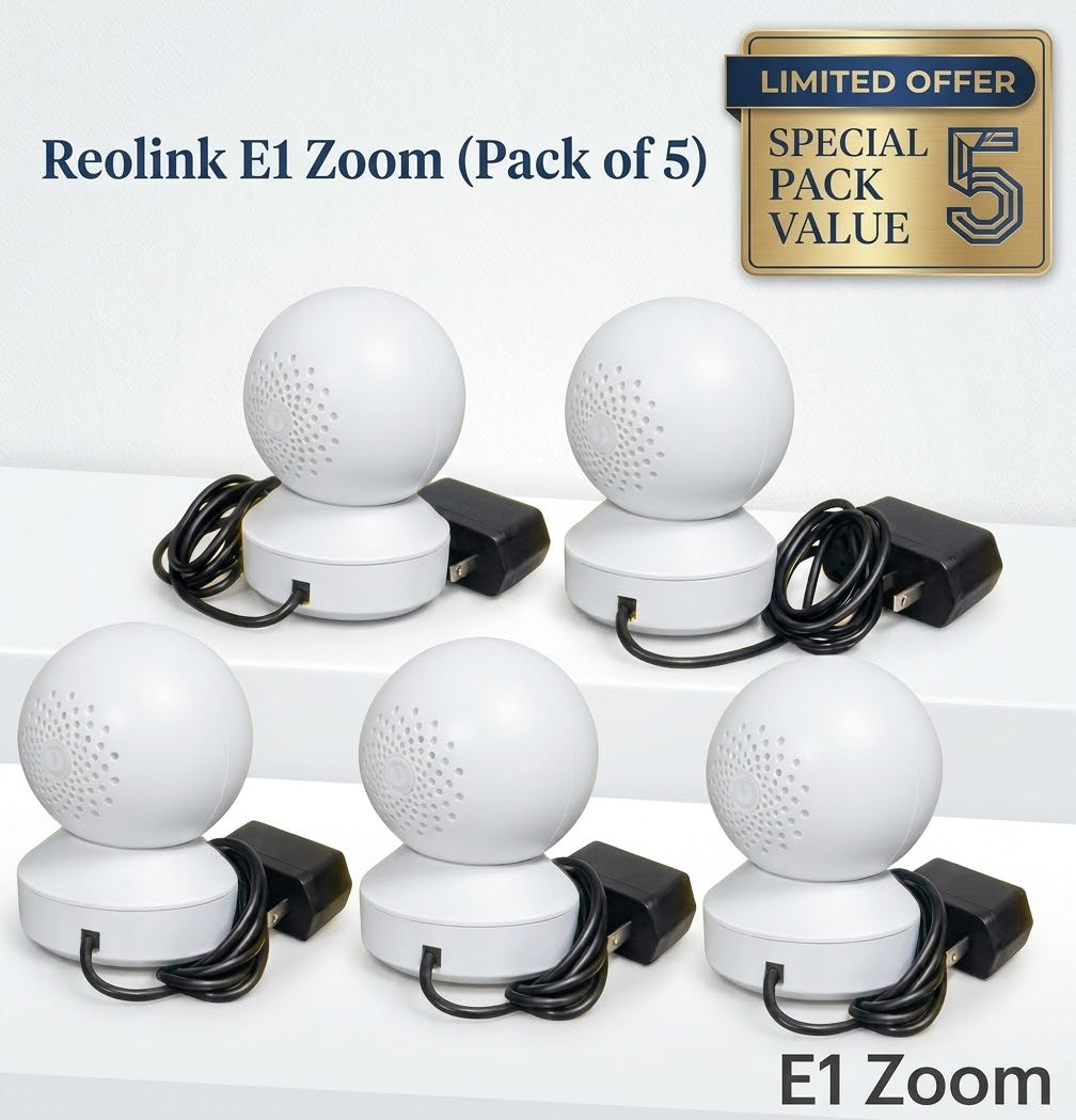 REOLINK 5MP E1 Zoom PACK OF 5  Indoor Security Camera 3X OPTICAL ZOOM, 2.4/5GHz Dual Band WiFi Camera, 5MP Plug-in Pet Camera Without box LOCAL CHARGER LOCAL STAND USED