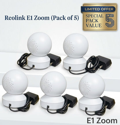 REOLINK 5MP E1 Zoom PACK OF 5  Indoor Security Camera 3X OPTICAL ZOOM, 2.4/5GHz Dual Band WiFi Camera, 5MP Plug-in Pet Camera Without box LOCAL CHARGER LOCAL STAND USED