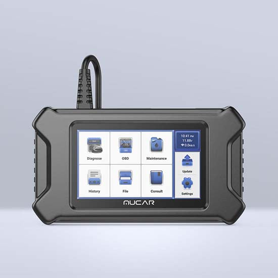 MUCAR CS90 is a 5-inch touchscreen OBD2 automotive scanner designed for DIY mechanics and technicians