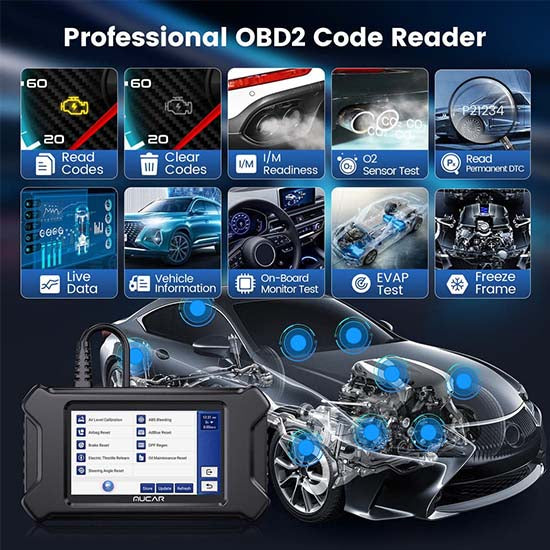 MUCAR CS90 is a 5-inch touchscreen OBD2 automotive scanner designed for DIY mechanics and technicians