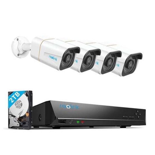 NVR & Camera Kit 2TB Installed Drive, 12TB 3.5" SATA Supported Supports 8 Cameras @ 4K Resolution, 4 Outdoor 10MP Bullet Cameras Included 91° Field of View 18 IR LEDs, Night Vision Range up to 100 Feet